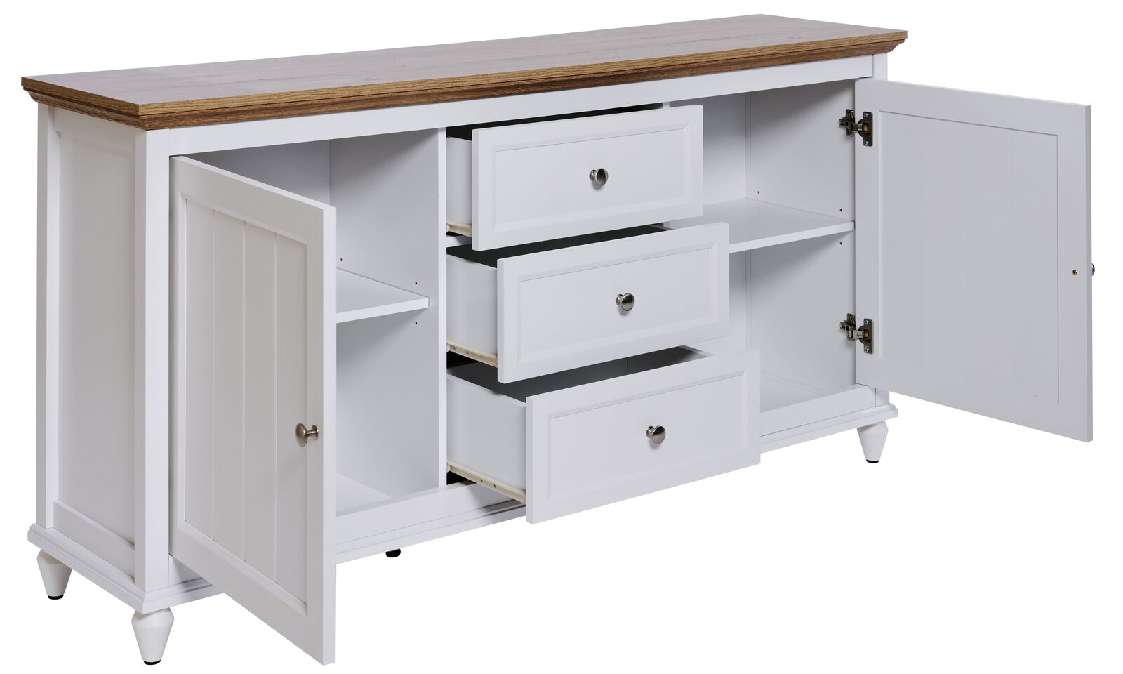 Weißes Sideboard mit drei offenen Schubladen und zwei geöffneten Türen, Ansicht von vorne.