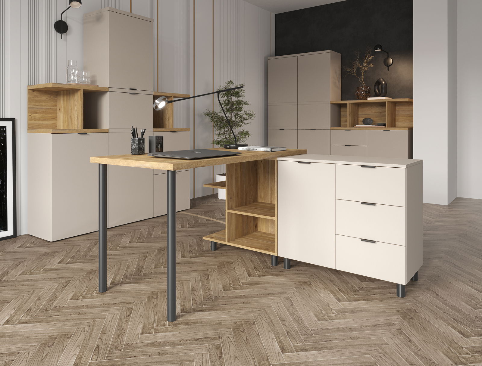 Moderne Büromöbelkombination mit Eck-Schreibtisch, Schränken und Regalen in heller Holzoptik, Perspektive von vorne links