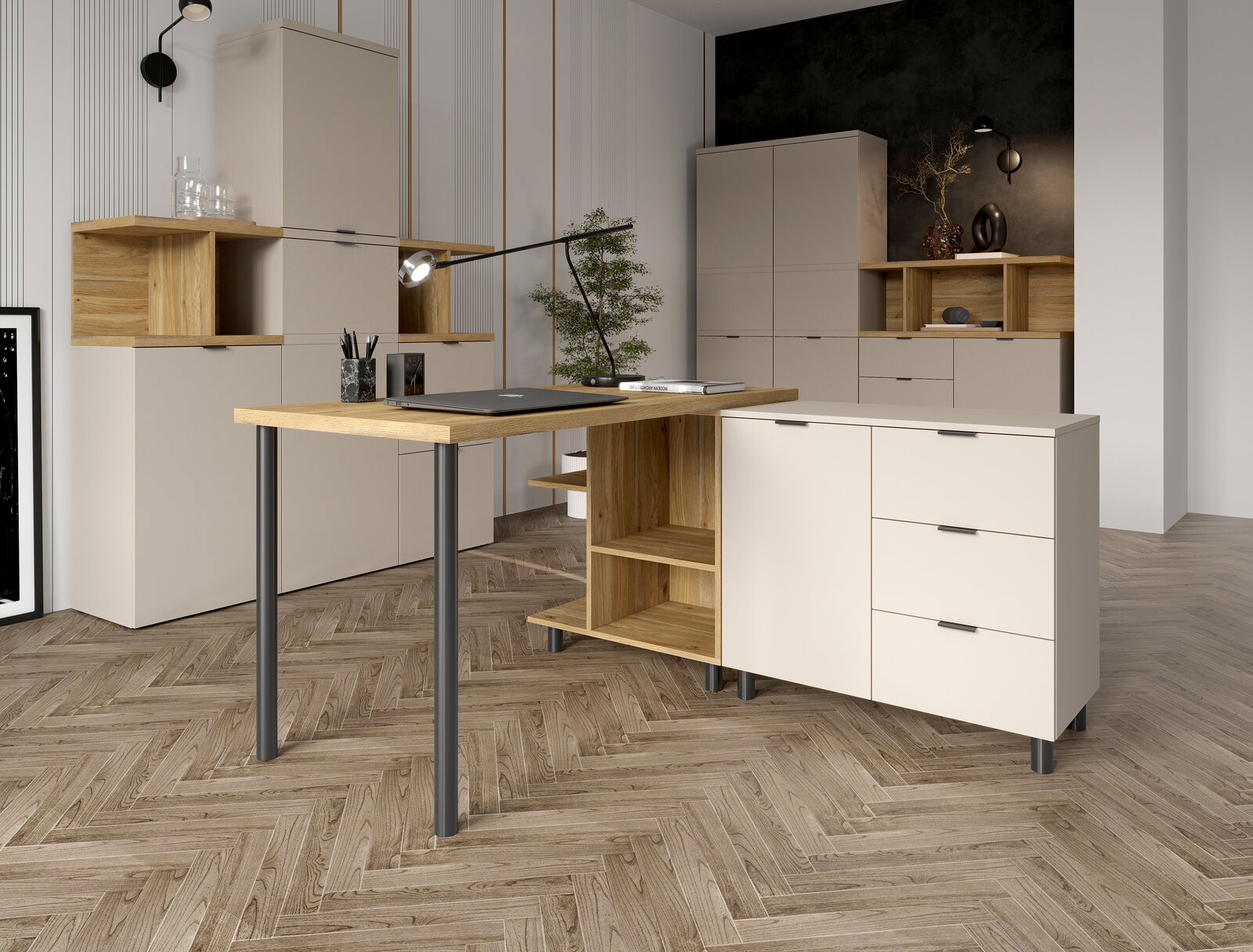 Moderne Büromöbelkombination mit Eck-Schreibtisch, Schränken und Regalen in heller Holzoptik, Perspektive von vorne links
