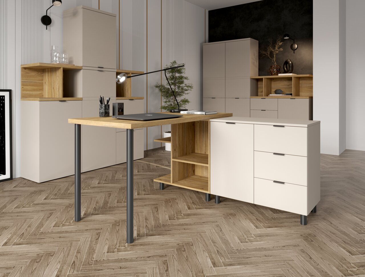 Moderne Büromöbelkombination mit Eck-Schreibtisch, Schränken und Regalen in heller Holzoptik, Perspektive von vorne links