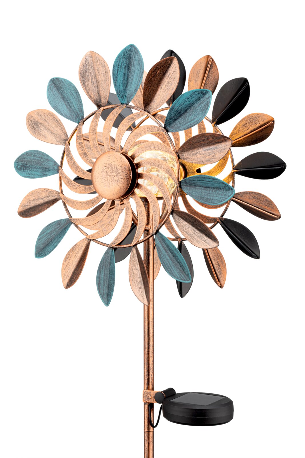 Decoratieve zonne-lamp in de vorm van een gestileerde bloem met kleurrijke bladeren, gezien vanaf de zijkant.