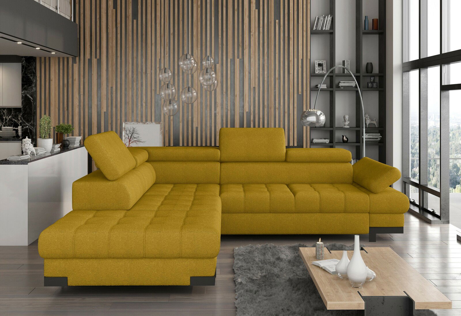 Moderne gelbe Eckgarnitur in einem stilvollen Wohnzimmer mit Holzvertäfelung und großen Fenstern, seitliche Perspektive.