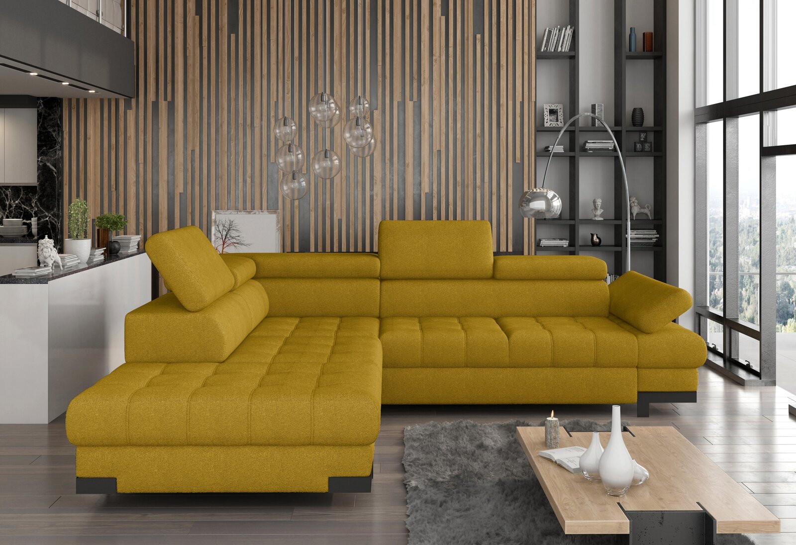 Moderne gelbe Eckgarnitur in einem stilvollen Wohnzimmer mit Holzvertäfelung und großen Fenstern, seitliche Perspektive.