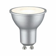 Silbernes LED-Leuchtmittel mit GU10-Sockel, seitliche Perspektive