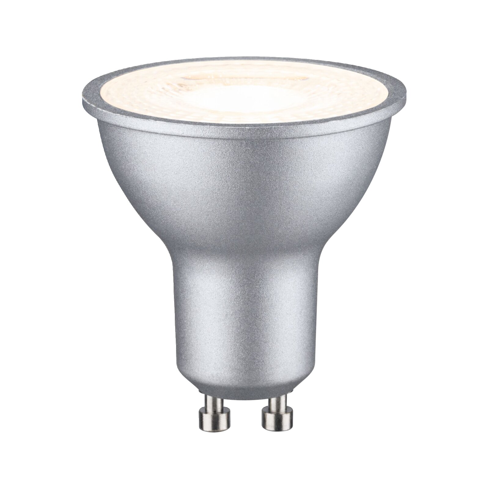 Silbernes LED-Leuchtmittel mit GU10-Sockel, seitliche Perspektive