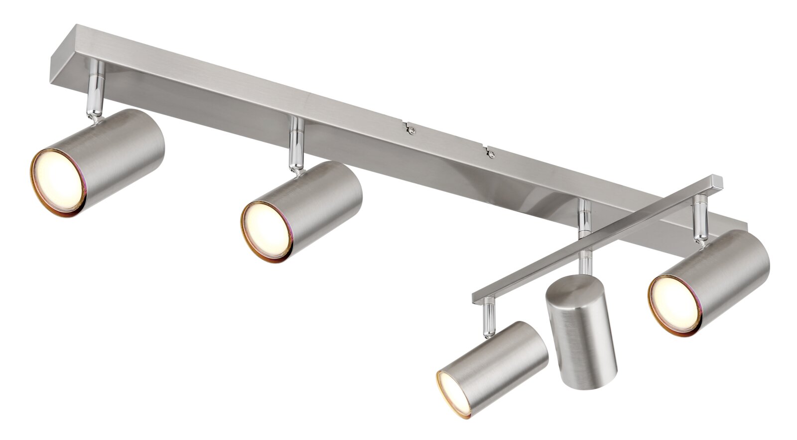 Moderner Deckenstrahler aus gebürstetem Metall mit vier verstellbaren Leuchten, seitliche Perspektive