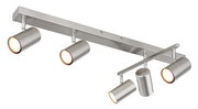 Moderner Deckenstrahler aus gebürstetem Metall mit vier verstellbaren Leuchten, seitliche Perspektive