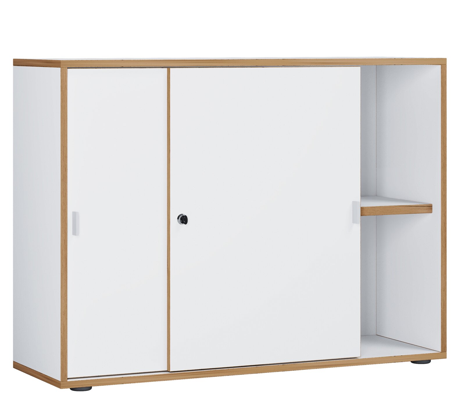 Modernes Sideboard in Weiß mit Holzrahmen, zwei Türen und offenem Fach rechts, freigestellt in frontaler Ansicht.