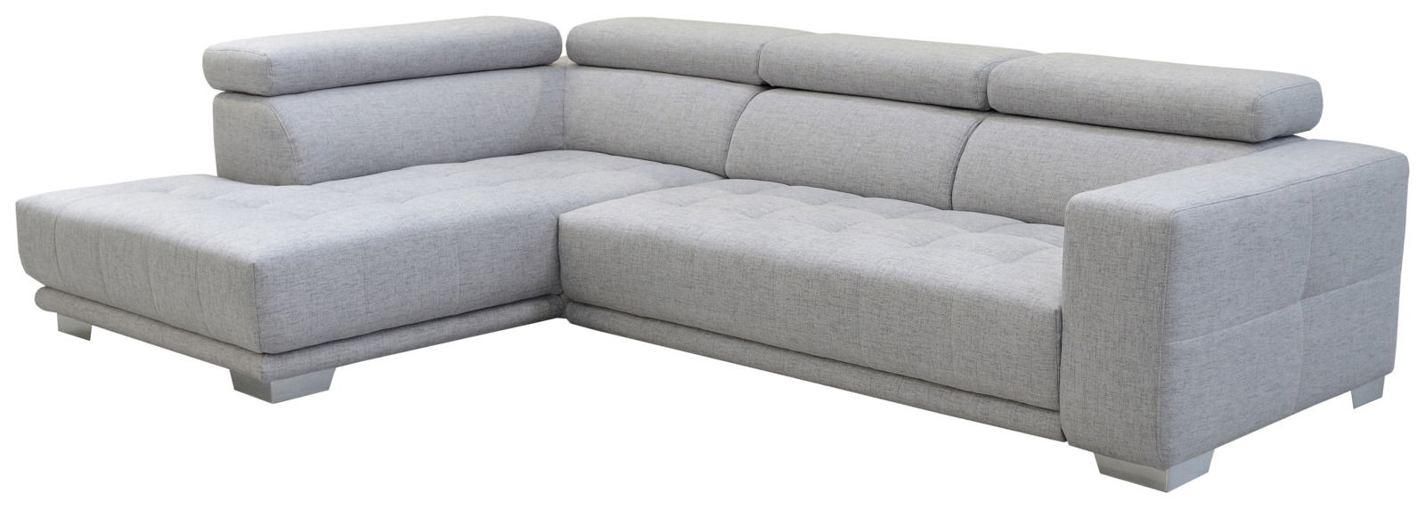 XORA Ecksofa CAORLE Graue Polsterrundecke in L-Form mit verstellbaren Kopfstützen, seitliche Perspektive