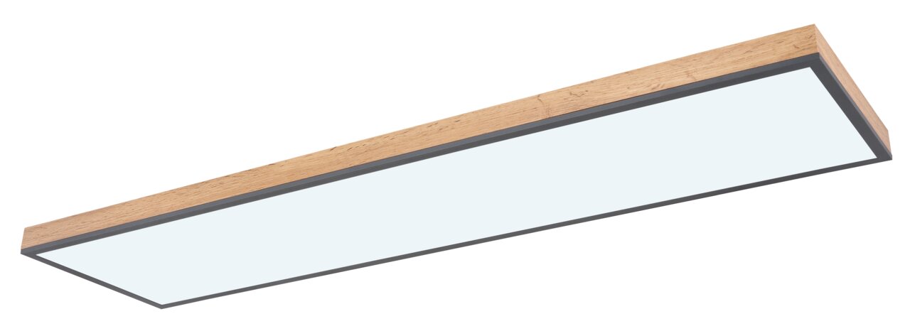 Rechteckige Deckenleuchte mit Holzrahmen, seitliche Perspektive