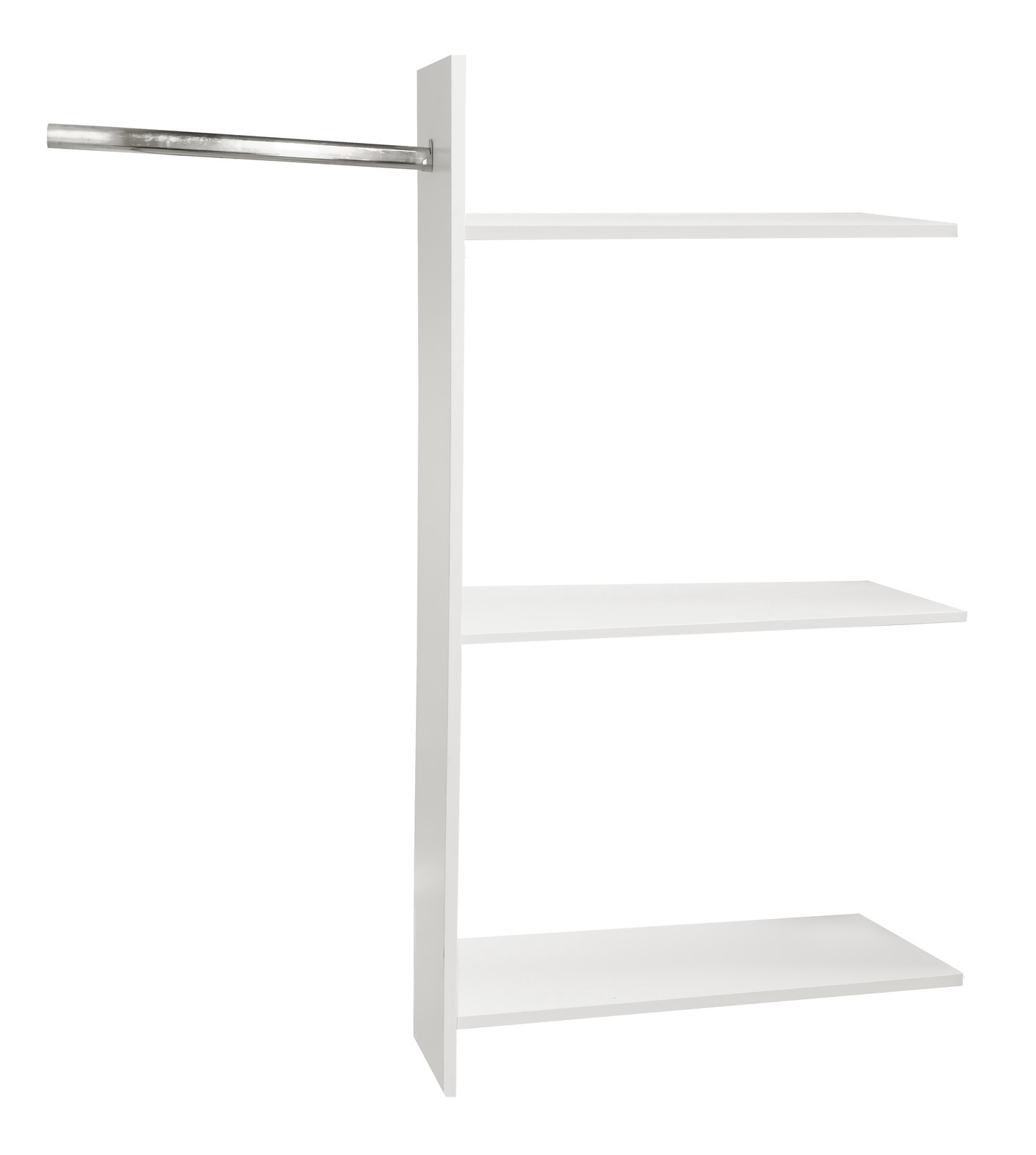 Weiße Wäscheeinteilung mit drei Regalböden und einer Metallstange, seitliche Perspektive
