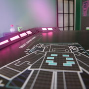 Gaming-Tisch mit futuristischem Design und leuchtenden LED-Lichtern, seitliche Perspektive