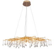 LED-Hängeleuchte mit goldenen, verzweigten Strukturen und hängenden Kristalltropfen, seitliche Perspektive