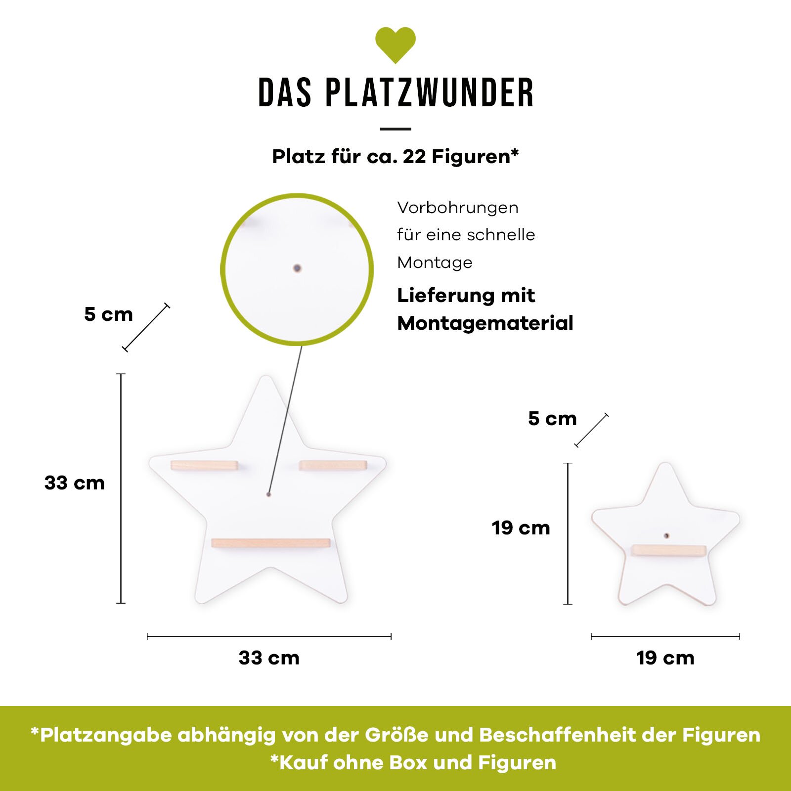 Infografik eines sternförmigen, weißen Wandregals/Displays „Das Platzwunder“ in Frontansicht; großes Modell ca. 33×33 cm und kleines Modell ca. 19×19 cm, Tiefe 5 cm, mit Vorbohrungen für schnelle Montage und Lieferung inkl. Montagematerial, Platz für ca. 
