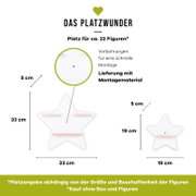 Infografik eines sternförmigen, weißen Wandregals/Displays „Das Platzwunder“ in Frontansicht; großes Modell ca. 33×33 cm und kleines Modell ca. 19×19 cm, Tiefe 5 cm, mit Vorbohrungen für schnelle Montage und Lieferung inkl. Montagematerial, Platz für ca. 