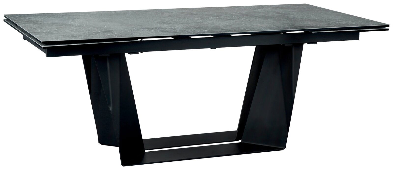 Moderner Esstisch mit rechteckiger Steinplatte und schwarzem Metallgestell, seitliche Perspektive