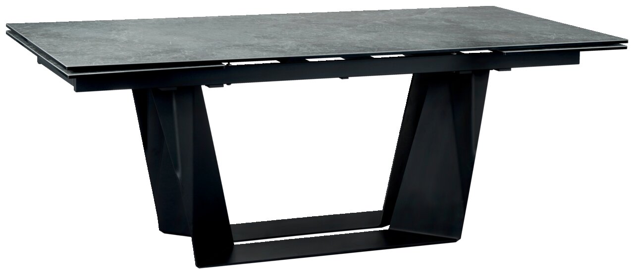 Moderner Esstisch mit rechteckiger Steinplatte und schwarzem Metallgestell, seitliche Perspektive