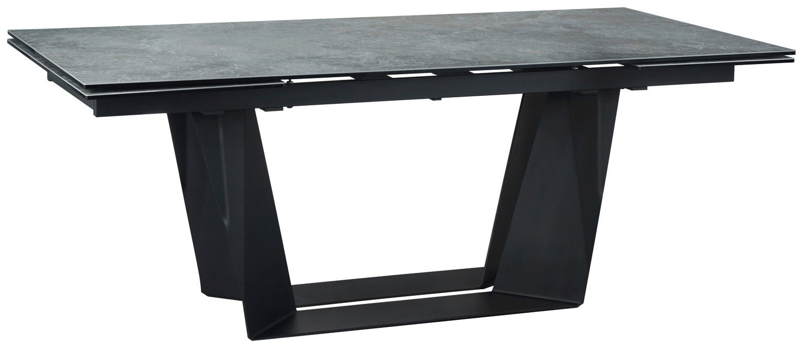 Moderner Esstisch mit rechteckiger Steinplatte und schwarzem Metallgestell, seitliche Perspektive