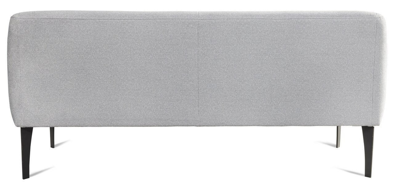 Rückansicht einer grauen Bank mit schwarzen Beinen, 217 cm breit.