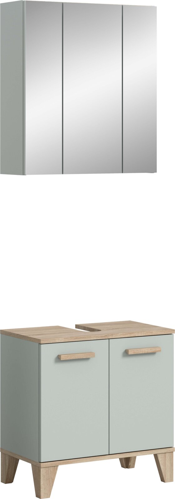 MID.YOU Badkombination STAR Badezimmermöbel-Set mit Spiegelschrank und Waschtischunterschrank in Mintgrün mit Holzoptik-Deckplatte und Holzgriffen, frontal in leichter Schrägansicht