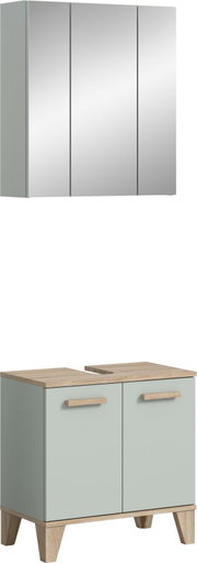 Badezimmermöbel-Set mit Spiegelschrank und Waschtischunterschrank in Mintgrün mit Holzoptik-Deckplatte und Holzgriffen, frontal in leichter Schrägansicht