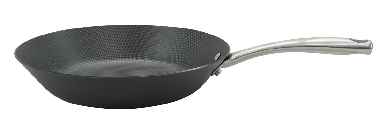 Homeware Pfanne Schwarze Pfanne mit strukturiertem Innenboden und gebogenem Edelstahlgriff, seitliche Perspektive