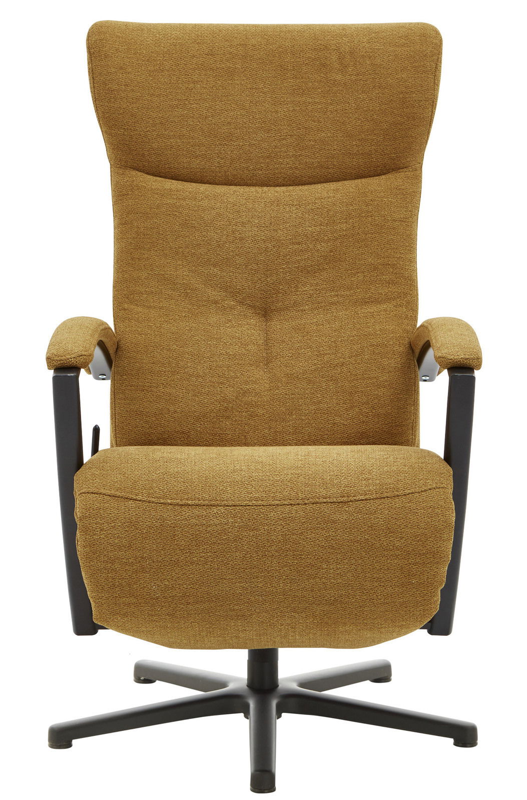 Frontansicht eines beigen Relaxsessels mit schwarzem Metallgestell und gepolsterten Armlehnen.