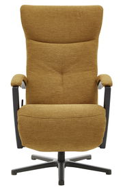 Frontansicht eines beigen Relaxsessels mit schwarzem Metallgestell und gepolsterten Armlehnen.