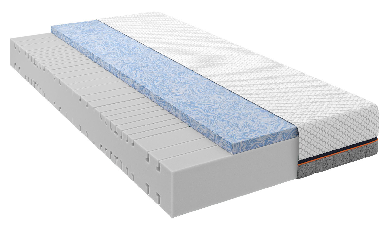 Novel Kaltschaummatratze H3 PULSE 220 KS Querschnitt einer Kaltschaummatratze mit mehreren Schichten, darunter eine blaue Schicht und eine weiße Oberseite, perspektivisch von der Seite gezeigt.