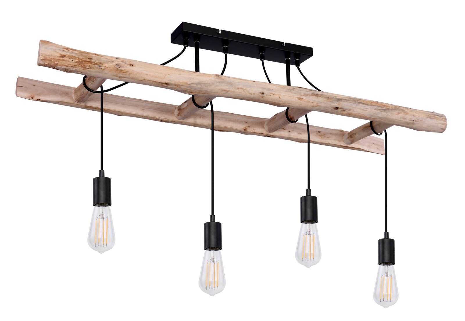 Deckenleuchte mit rustikalem Holzdesign und vier hängenden Glühbirnen, seitliche Perspektive