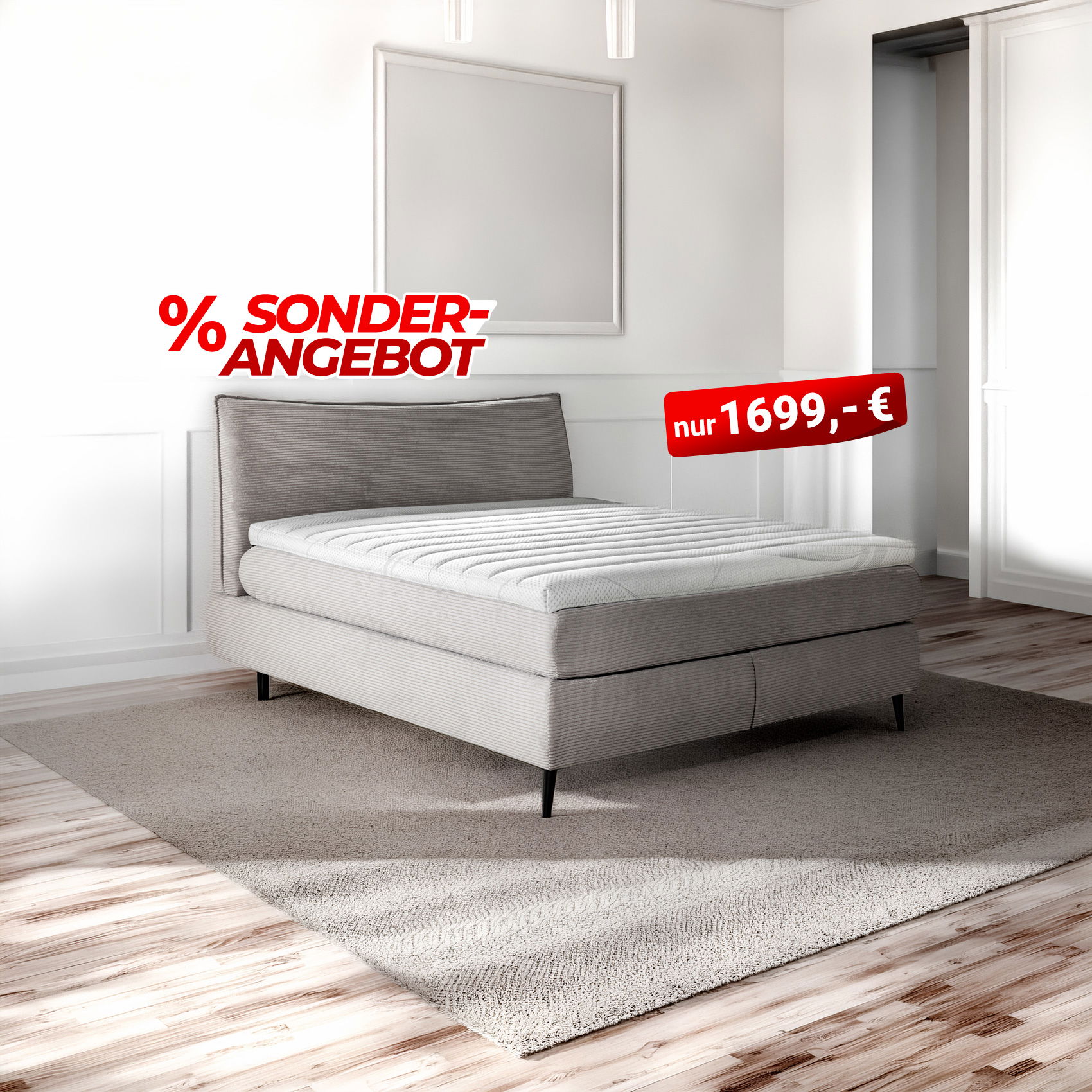 Modernes Polsterbett im hellen Schlafzimmer, beworben als Sonderangebot für 1699 €