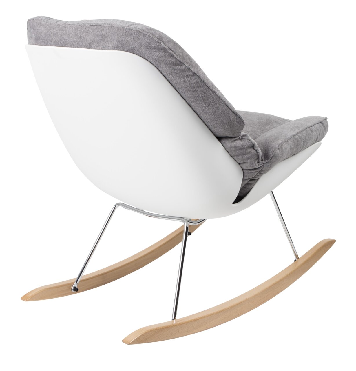 Moderne schommelstoel met grijze bekleding en witte zitting, zijaanzicht van de rugleuning.