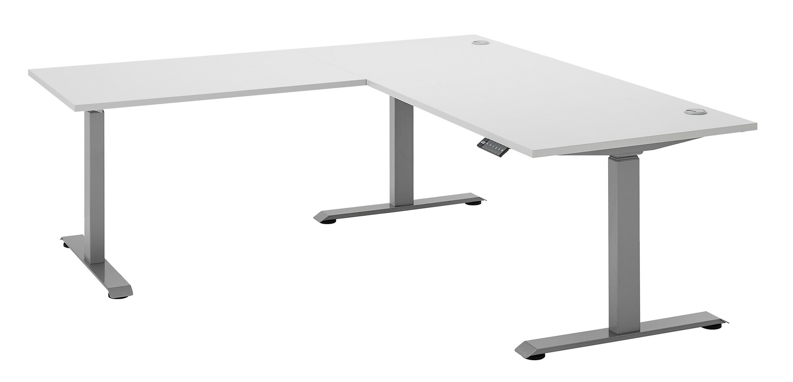 E-Serie E-Eckschreibtisch E-CORNER Moderner weißer E-Eckschreibtisch der E-Serie mit L-Form, aus seitlicher Perspektive fotografiert.