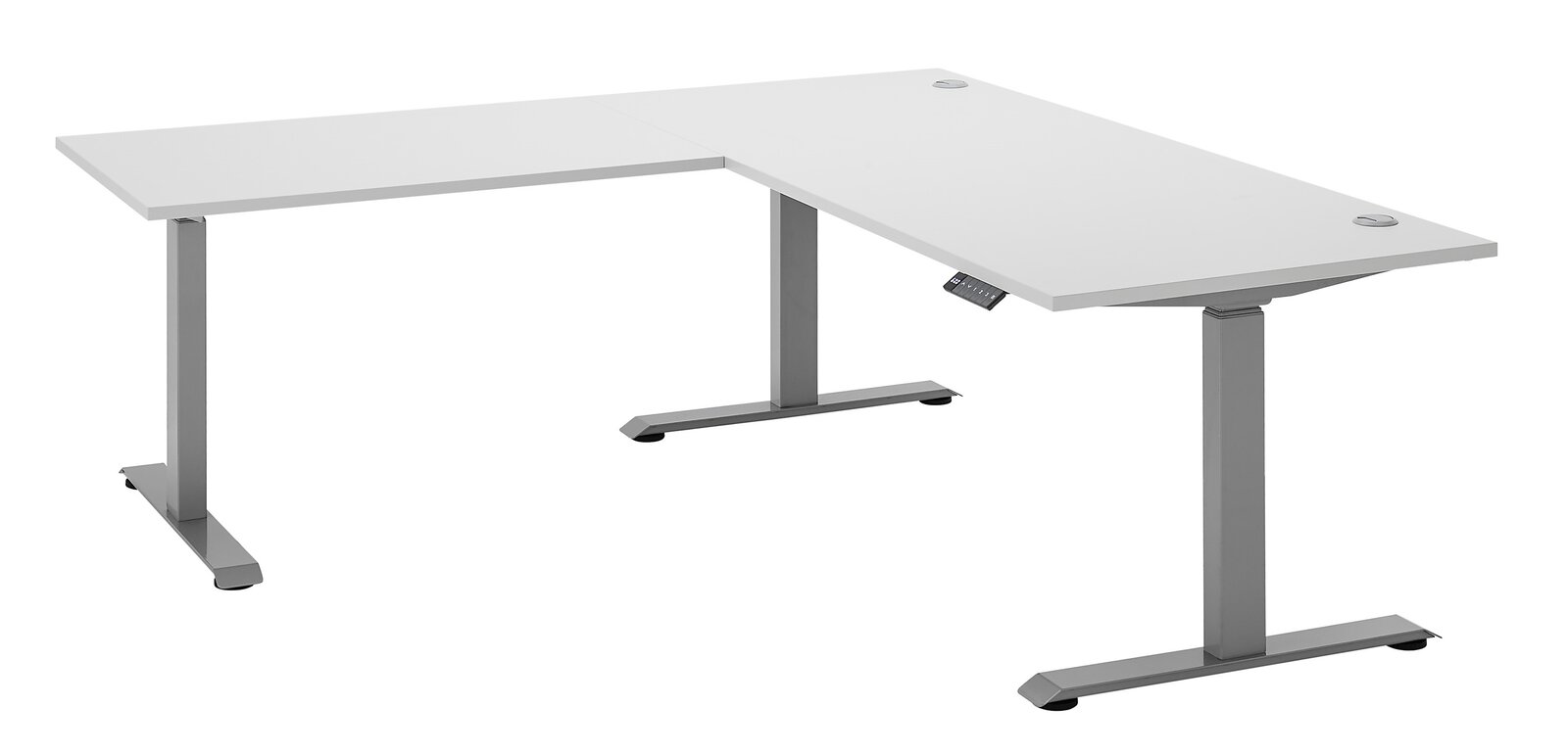 E-Serie E-Eckschreibtisch E-CORNER Moderner weißer E-Eckschreibtisch der E-Serie mit L-Form, aus seitlicher Perspektive fotografiert.