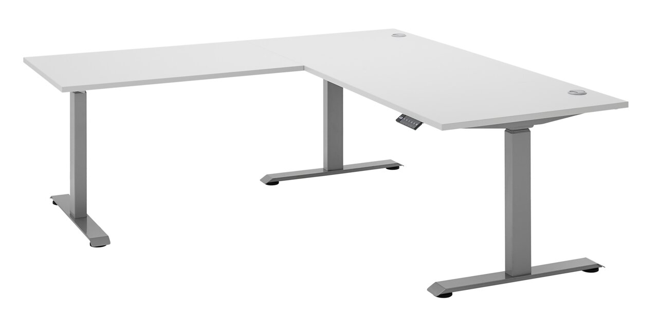 Modern wit elektrisch hoekbureau uit de E-serie in L-vorm, gefotografeerd vanuit zijaanzicht.