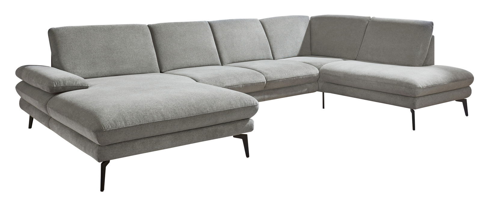 Graue Polsterrundecke in L-Form mit modernen, schlanken Metallfüßen, seitliche Perspektive