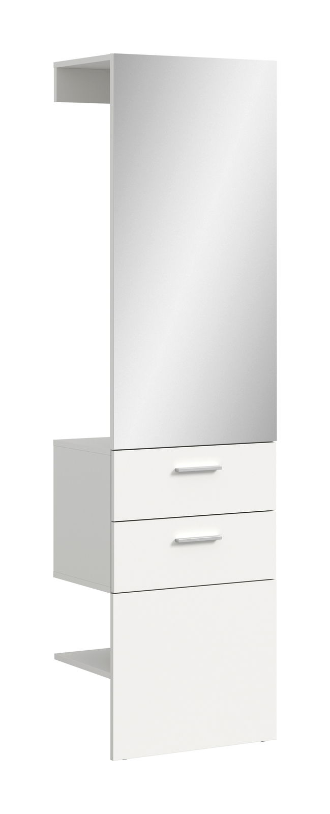Weißes Garderobenpaneel mit Spiegel und zwei Schubladen, seitliche Perspektive