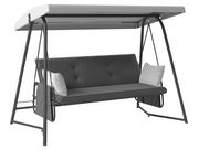 Hollywoodschaukel mit grauem Gestell und Dach, seitliche Perspektive