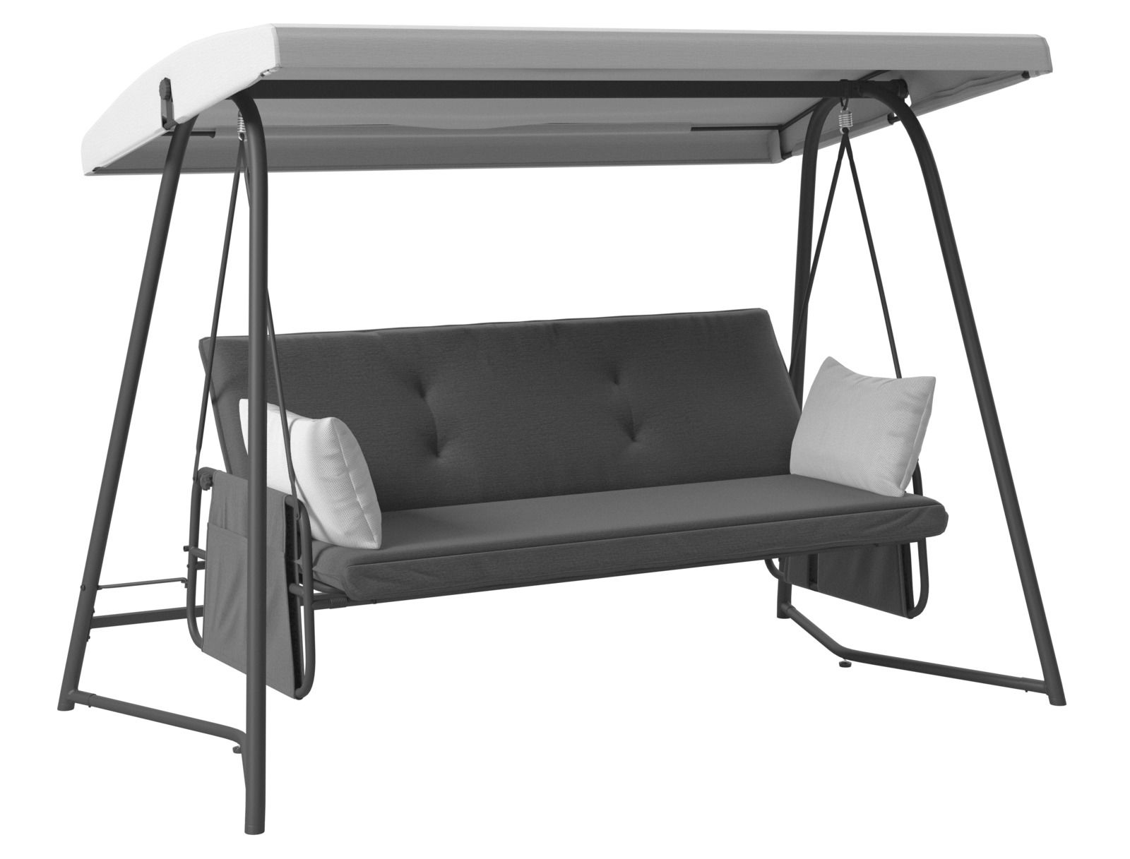 Hollywoodschaukel mit grauem Gestell und Dach, seitliche Perspektive
