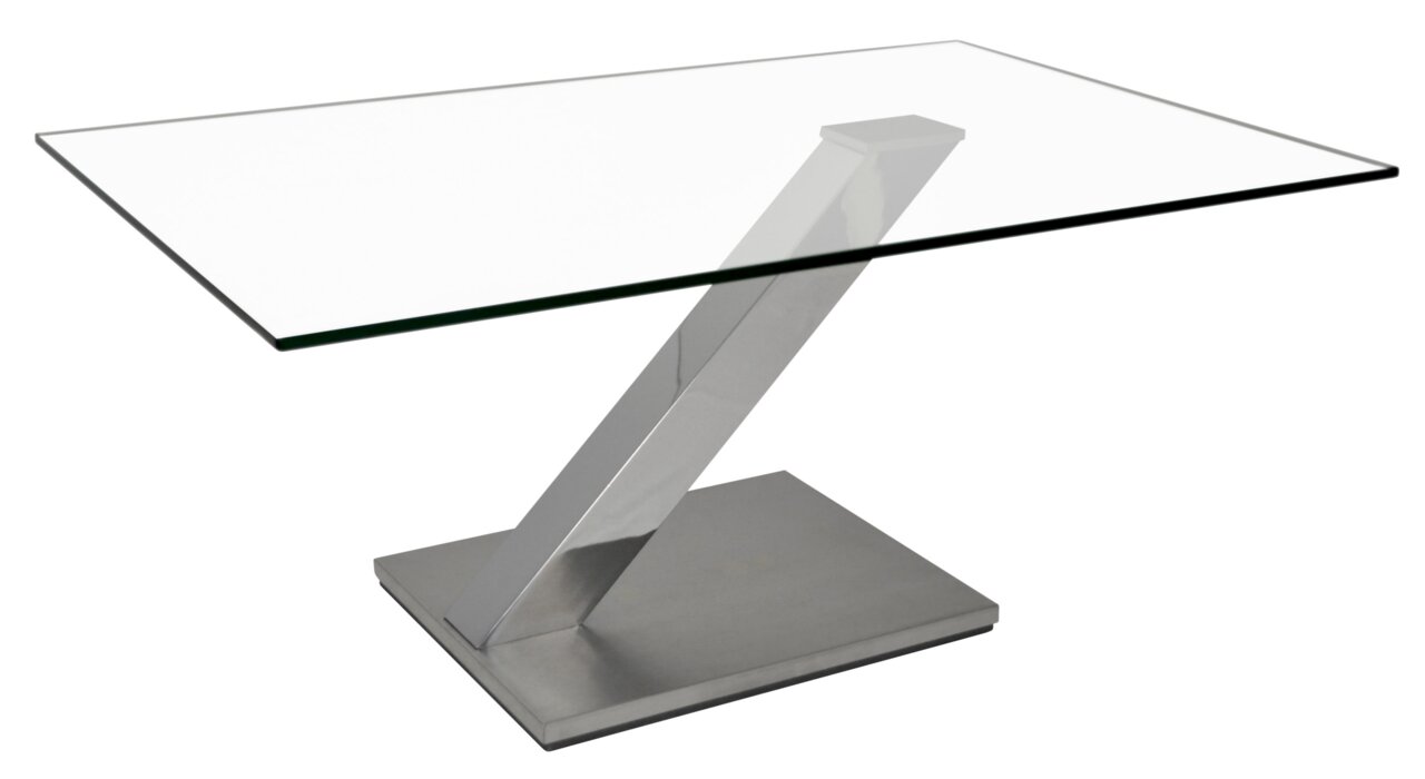 Moderner Couchtisch mit Glasplatte und schrägem Metallfuß, seitliche Perspektive