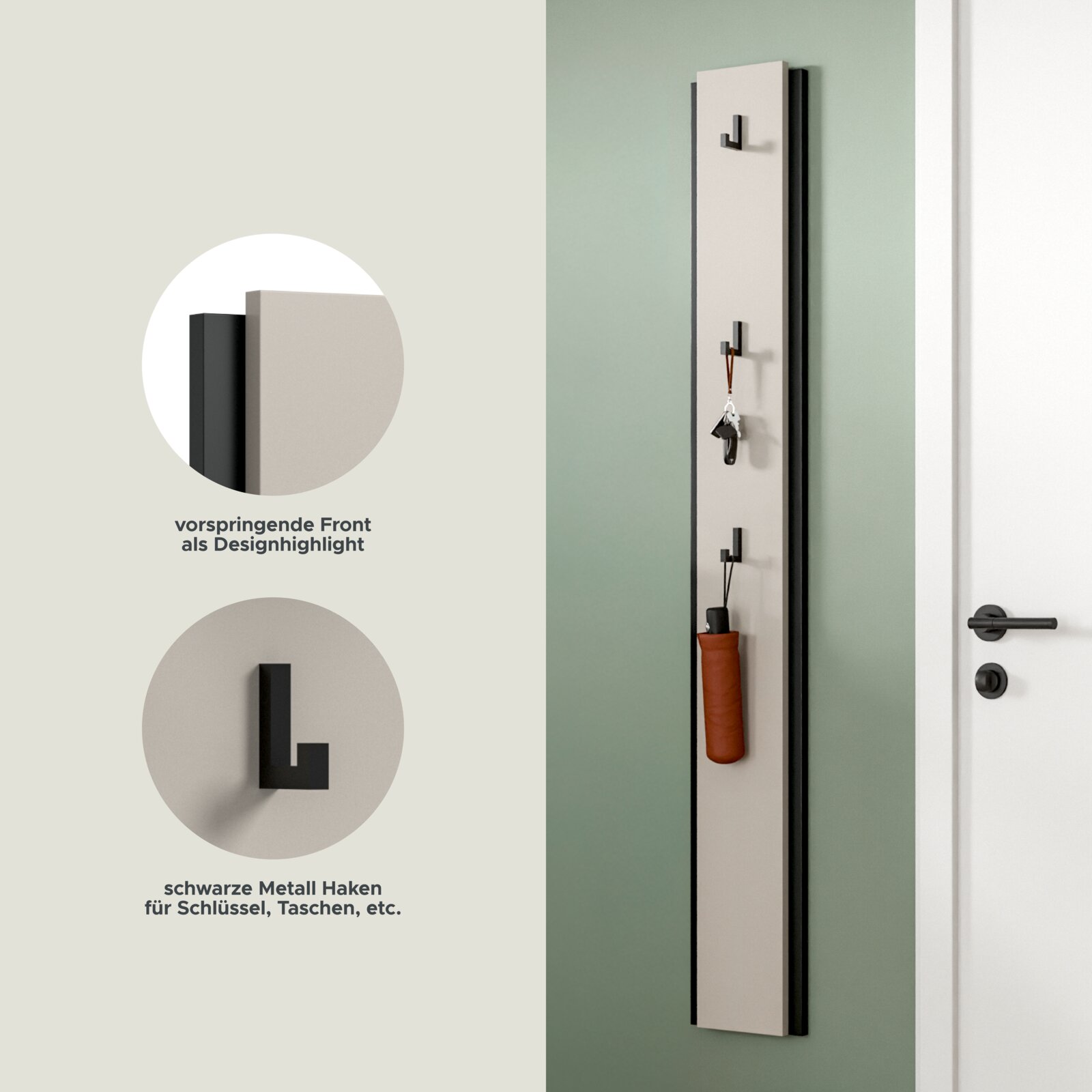 Schmale Wandgarderobe/Schlüsselboard in Weiß mit schwarzem Rahmen und schwarzen Metallhaken, an der Wand montiert mit Schlüsselbund und Tasche; frontale Ansicht mit leichter Seitenperspektive.