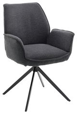 Grauer Armlehnstuhl mit schwarzem Metallgestell, seitliche Perspektive