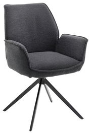 Grauer Armlehnstuhl mit schwarzem Metallgestell, seitliche Perspektive