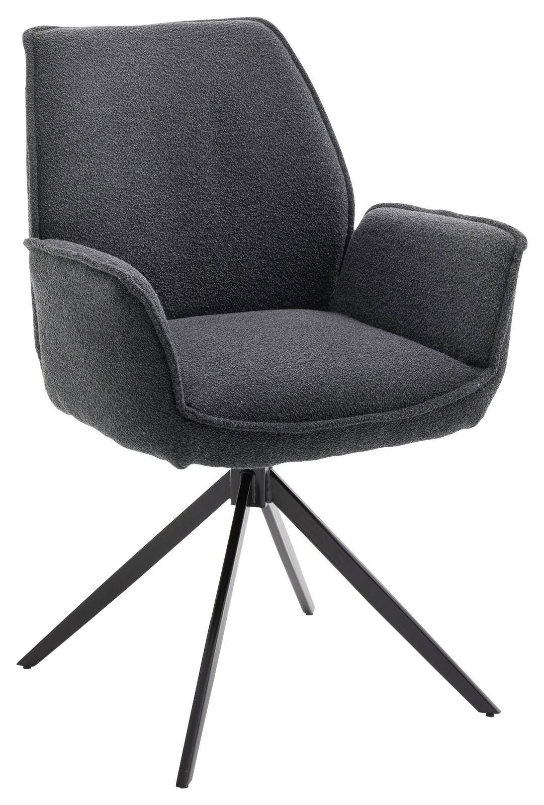 Grauer Armlehnstuhl mit schwarzem Metallgestell, seitliche Perspektive