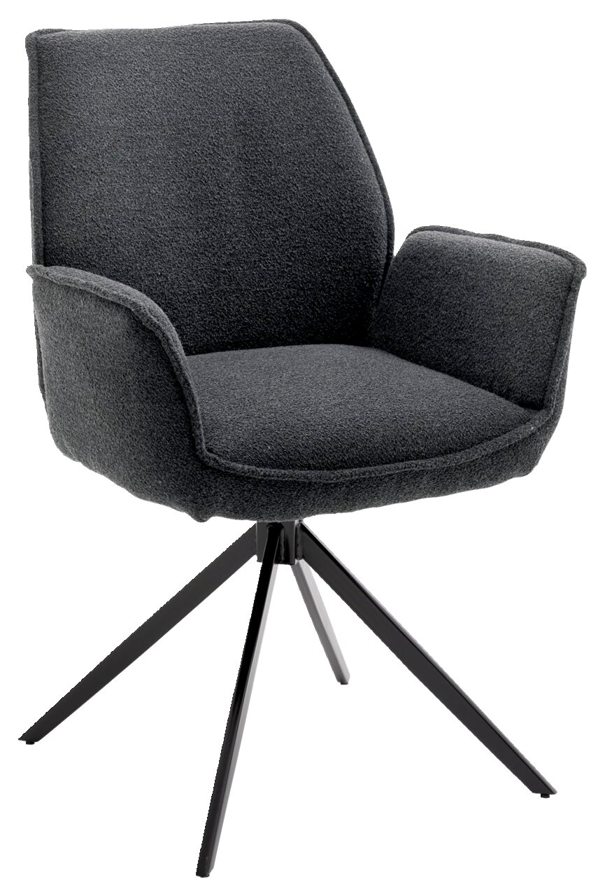 Grijze fauteuil met zwart metalen frame, zijaanzicht