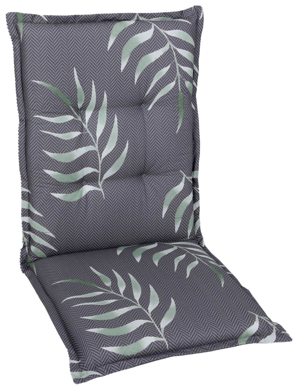 Grijze rugleuningbekleding met groen bladmotief, vooraanzicht