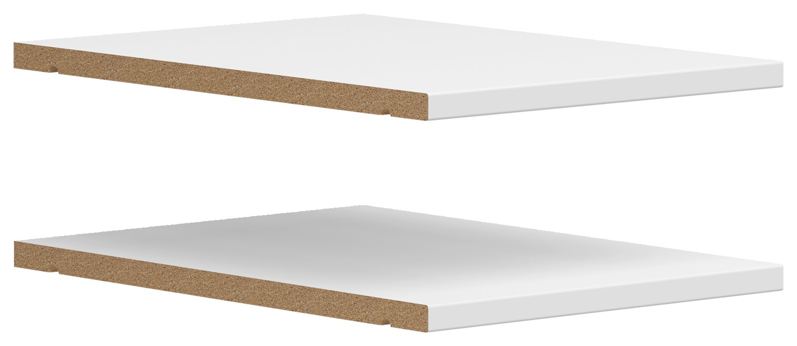 Twee witte legplanken van houtcomposiet, zijdelings in perspectief weergegeven.
