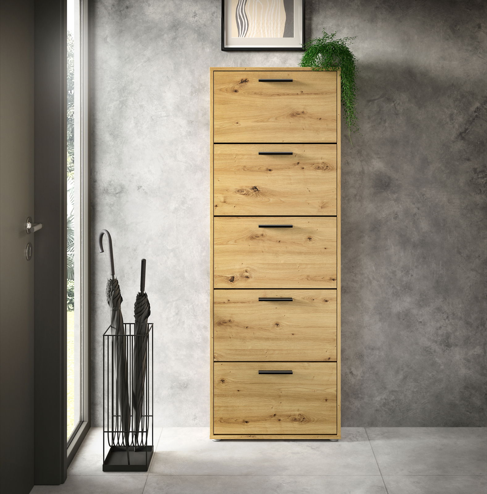 Moderner Schuhkipper mit fünf Klappen in Holzoptik, frontal abgebildet in einem eleganten Flur.