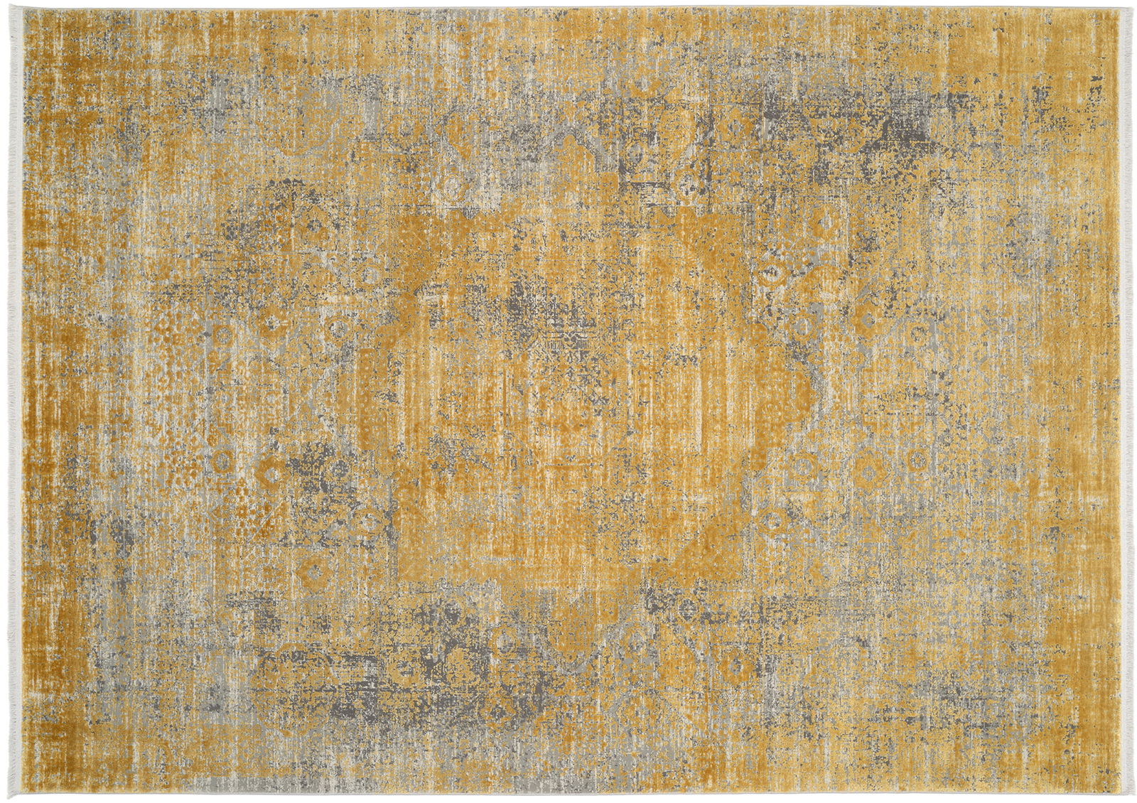 Designer Teppich in Gelb- und Grautönen mit abstraktem Muster, Draufsicht