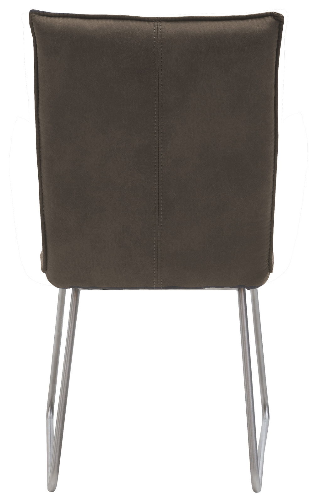 Rückansicht eines modernen Stuhls mit gepolsterter Rückenlehne und Metallbeinen.